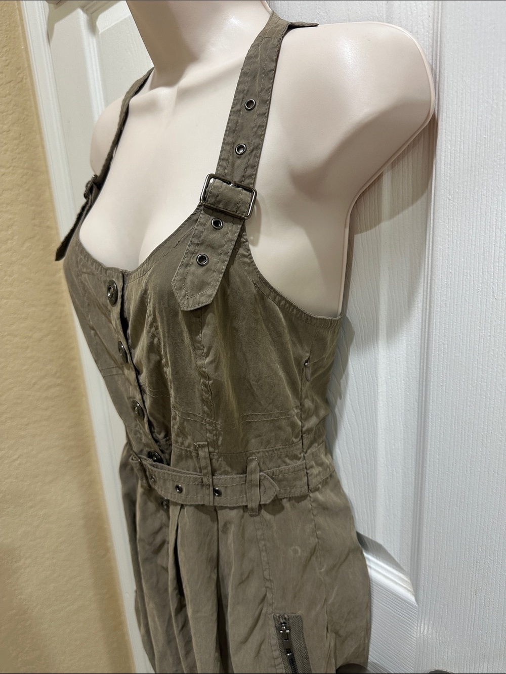 Olive Button-Front Utility Sundress - Picture 7 of 10